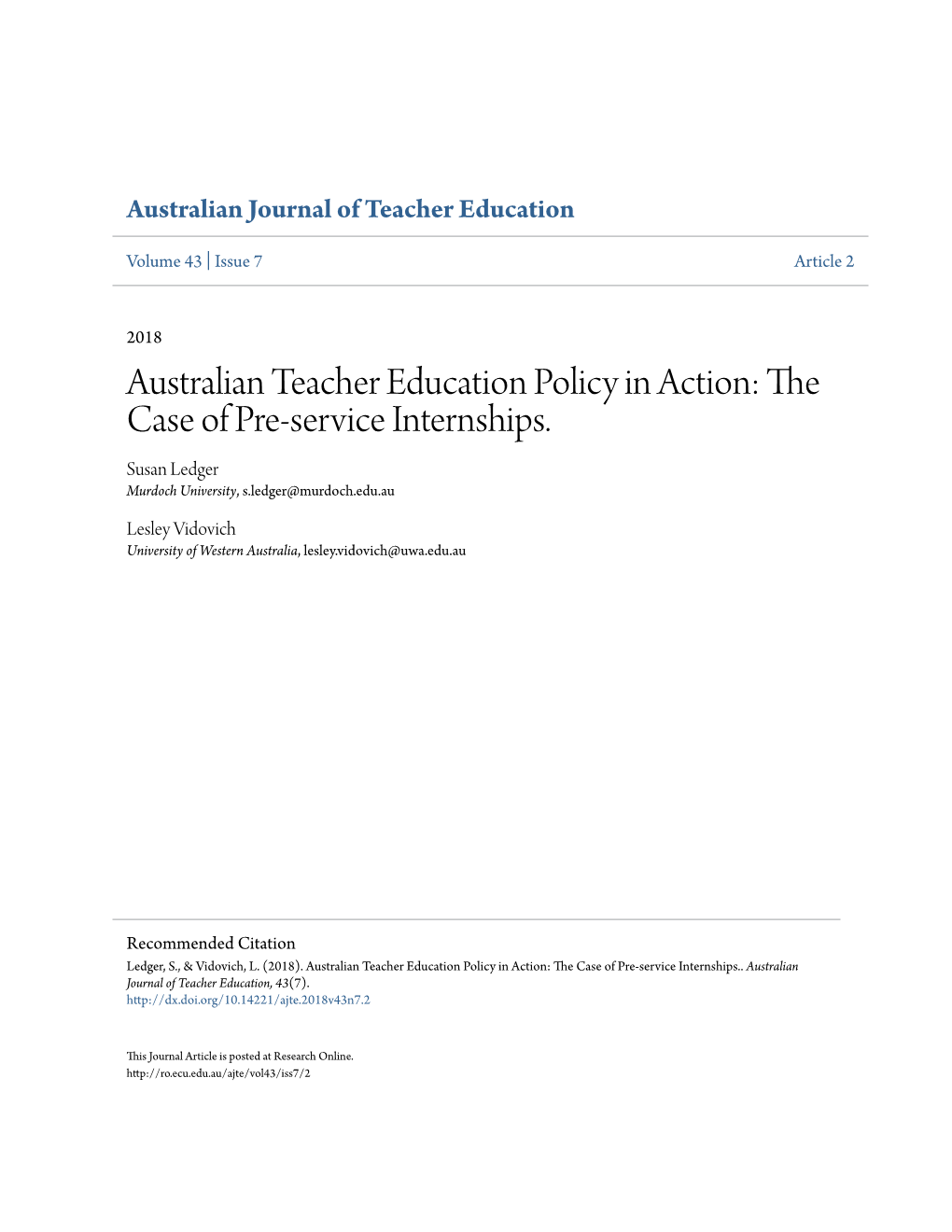 Australian Teacher Education Policy in Action: the Case of Pre-Service Internships