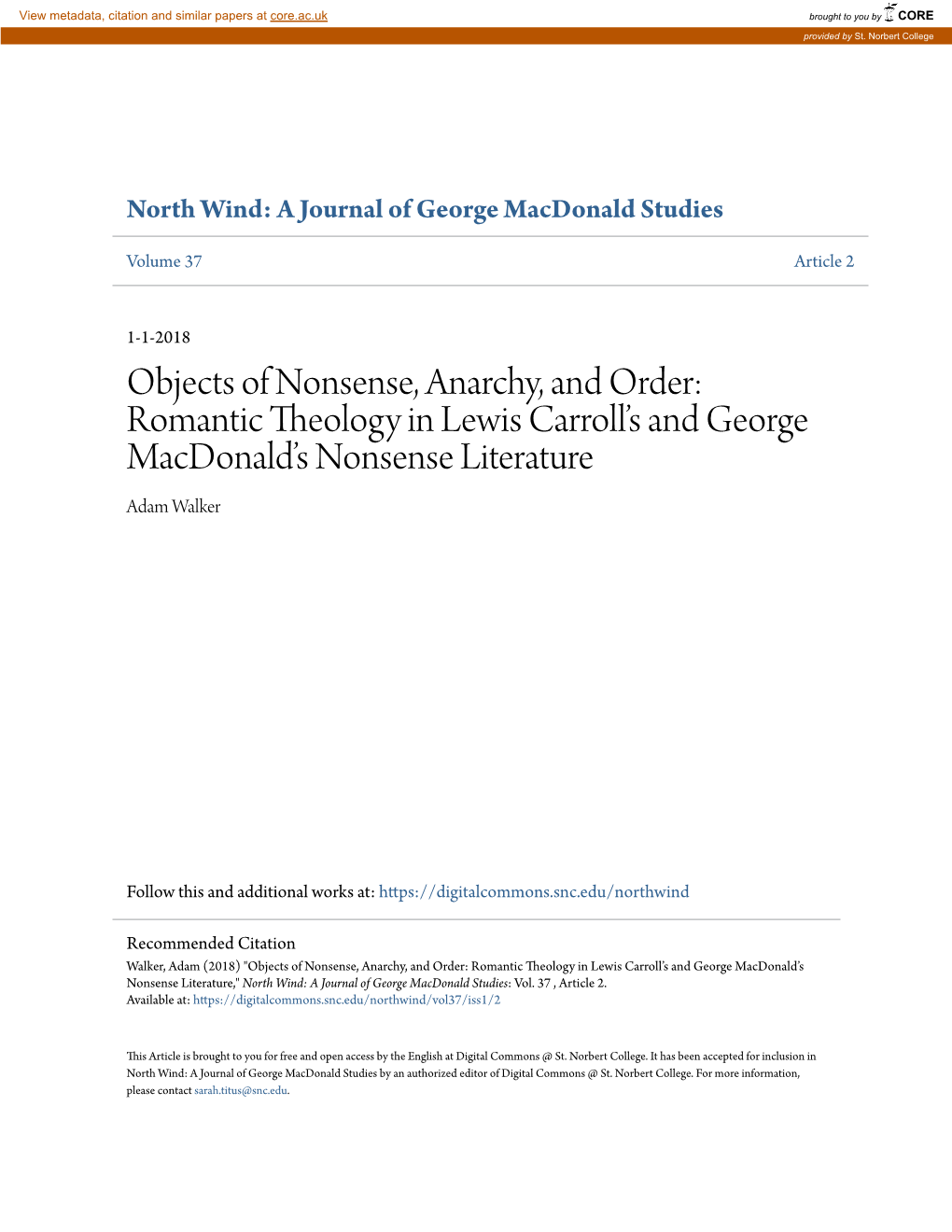 Objects of Nonsense, Anarchy, and Order: Romantic Theology in Lewis Carroll’S and George Macdonald’S Nonsense Literature Adam Walker