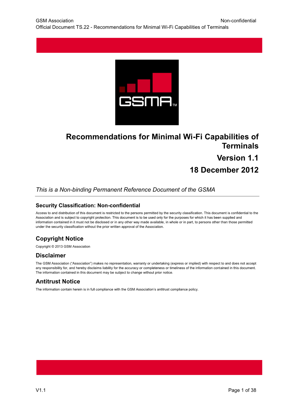 Recommendations for Minimal Wi-Fi Capabilities of Terminals Version 1.1 18 December 2012