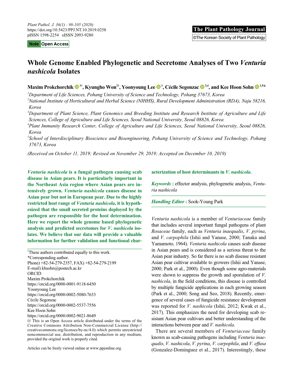 Whole Genome Enabled Phylogenetic and Secretome Analyses of Two Venturia Nashicola Isolates