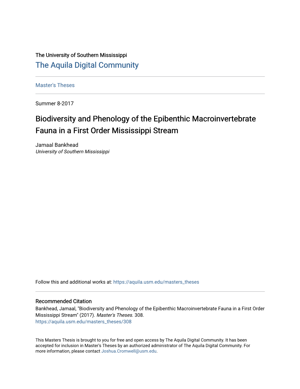 Biodiversity and Phenology of the Epibenthic Macroinvertebrate Fauna in a First Order Mississippi Stream