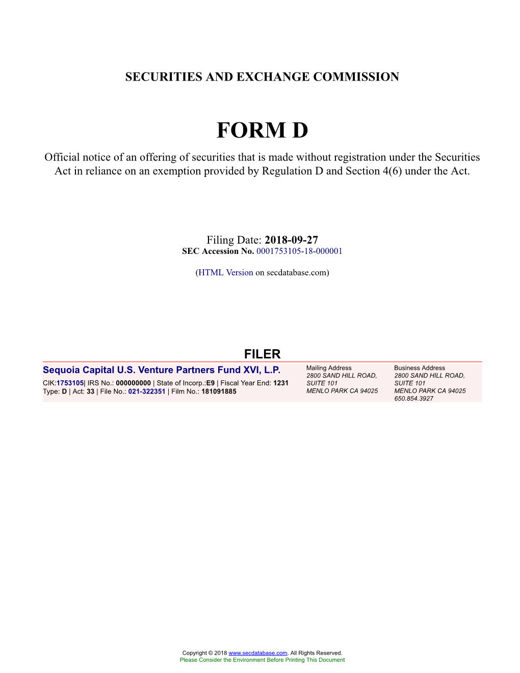 Sequoia Capital U.S. Venture Partners Fund XVI, L.P. Form D Filed 2018