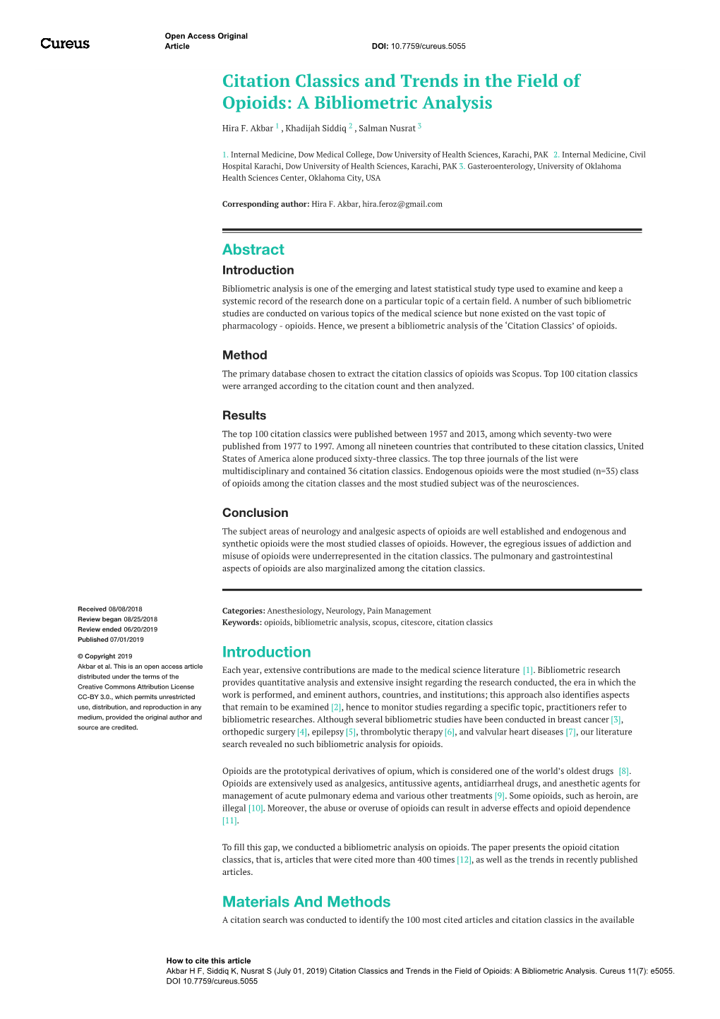 Citation Classics and Trends in the Field of Opioids: a Bibliometric Analysis