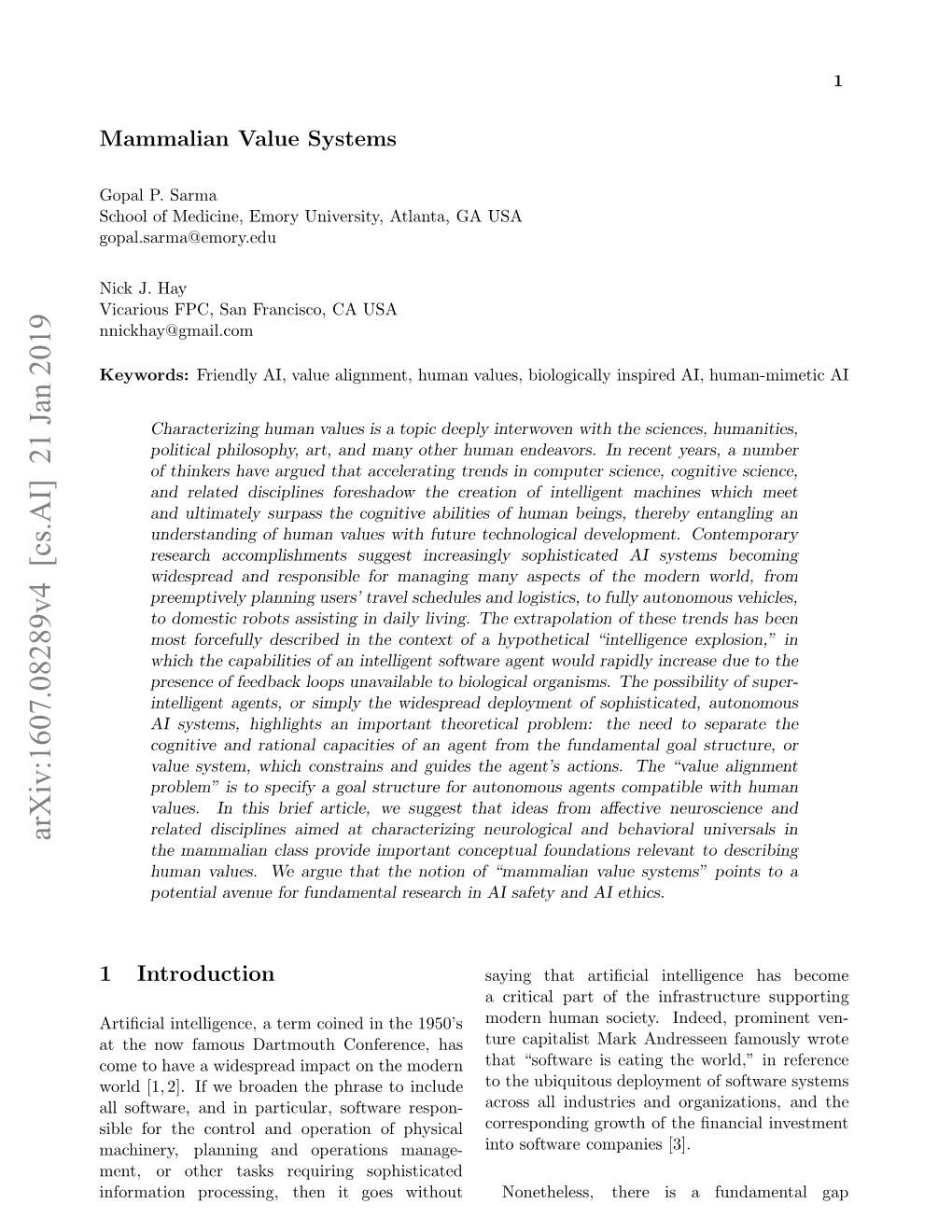 Arxiv:1607.08289V4 [Cs.AI] 21 Jan 2019 Keywords: USA CA Nnickhay@Gmail.Com Francisco, San FPC, Vicarious Hay J