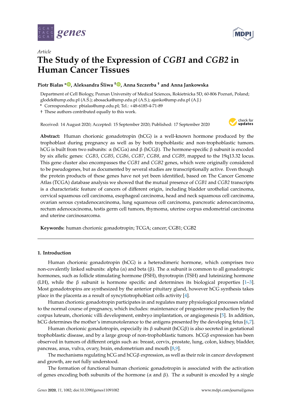 The Study of the Expression of CGB1 and CGB2 in Human Cancer Tissues