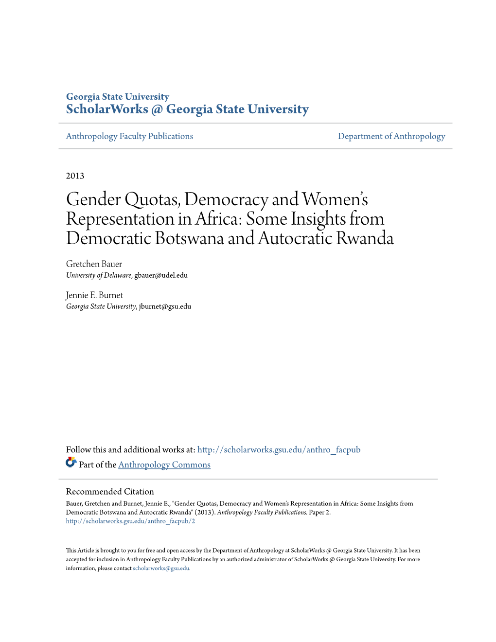 Gender Quotas, Democracy and Womenâ•Žs Representation in Africa