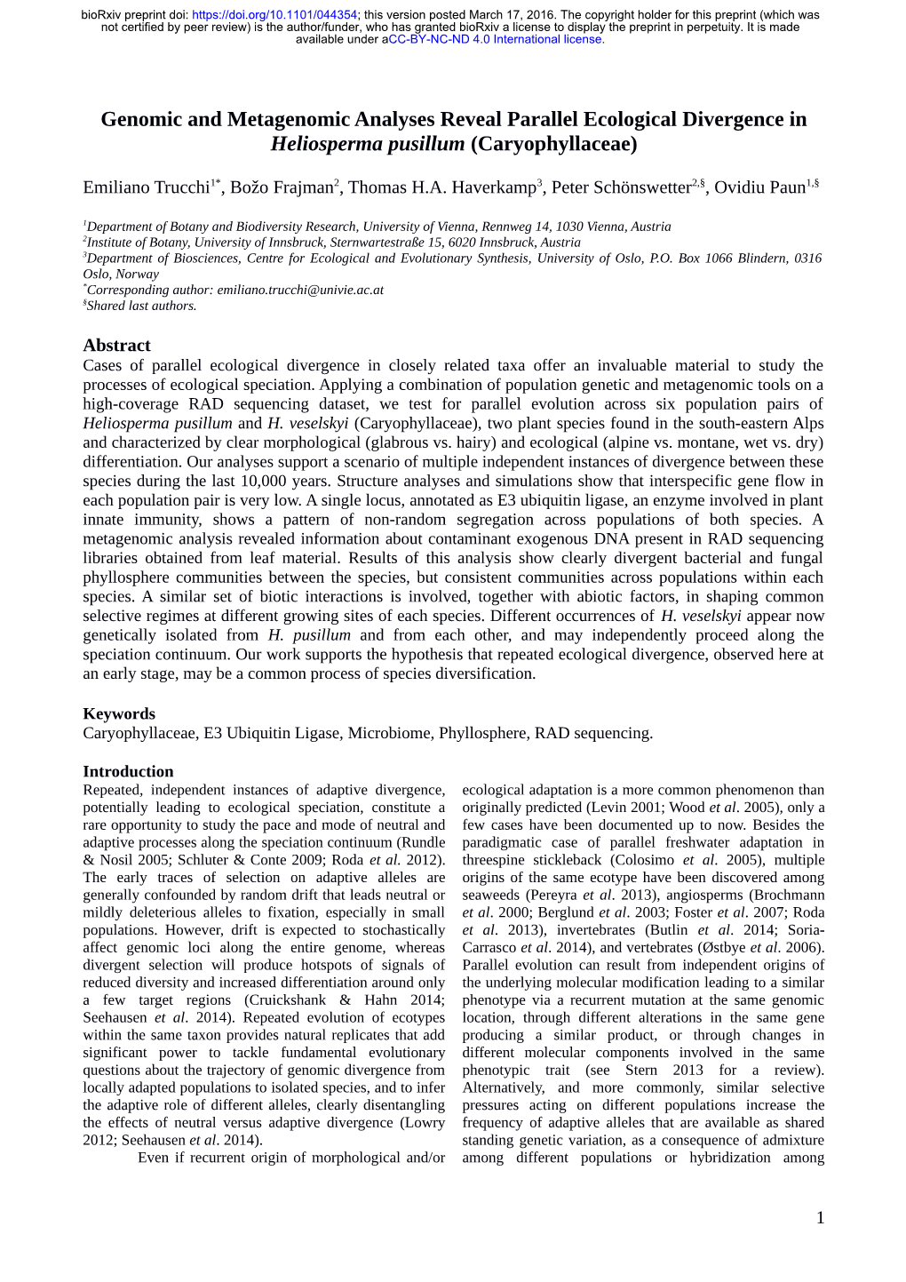 Genomic and Metagenomic Analyses Reveal Parallel Ecological Divergence in Heliosperma Pusillum (Caryophyllaceae)