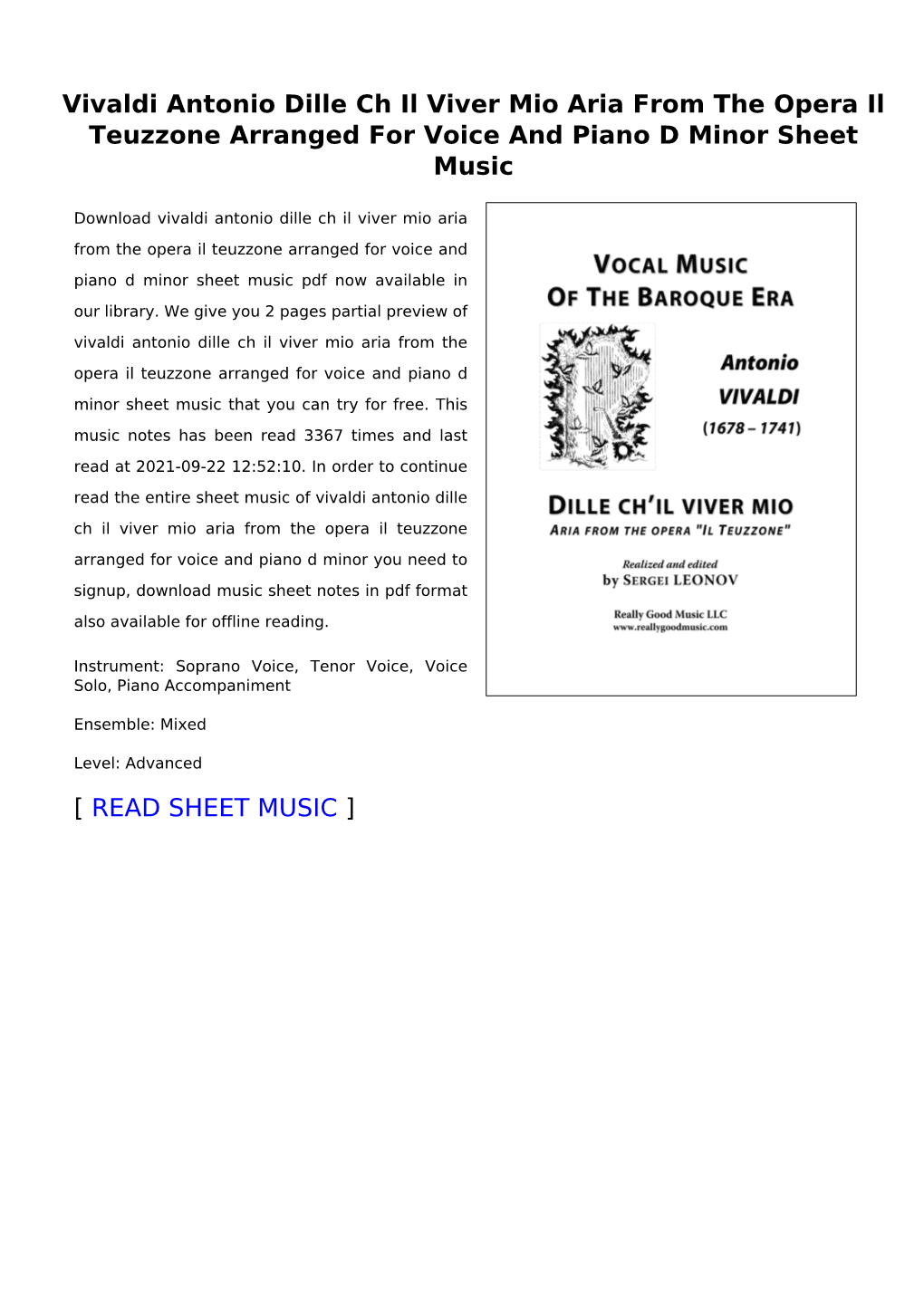 Vivaldi Antonio Dille Ch Il Viver Mio Aria from the Opera Il Teuzzone Arranged for Voice and Piano D Minor Sheet Music