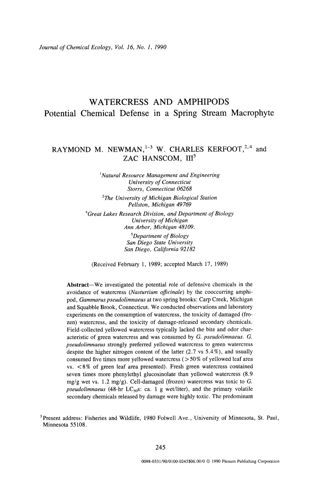 WATERCRESS and AMPHIPODS Potential Chemical Defense in a Spring Stream Macrophyte