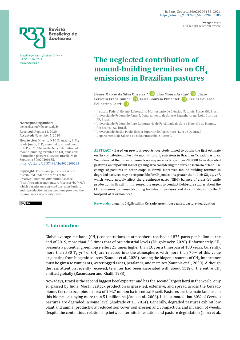 The Neglected Contribution of Mound-Building Termites on CH Emissions in Brazilian Pastures 2 4 Oliveira Et Al