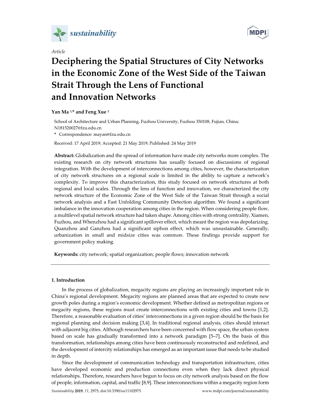 Deciphering the Spatial Structures of City Networks in the Economic Zone of the West Side of the Taiwan Strait Through the Lens of Functional and Innovation Networks