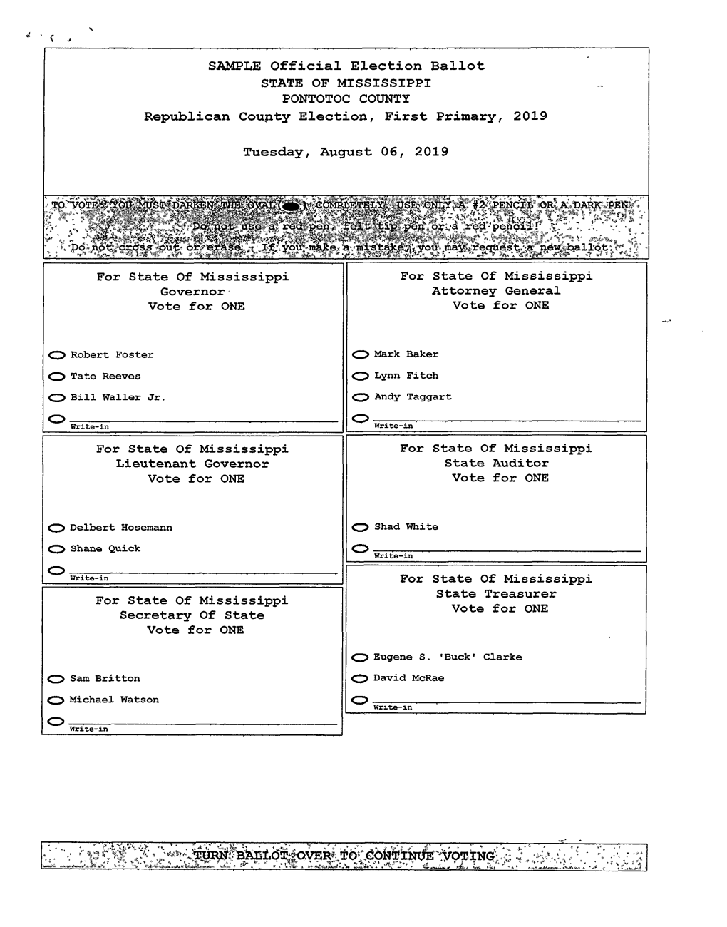 SAMPLE Official Election Ballot STATE of MISSISSIPPI PONTOTOC COUNTY Republican County Election, First Primary, 2019