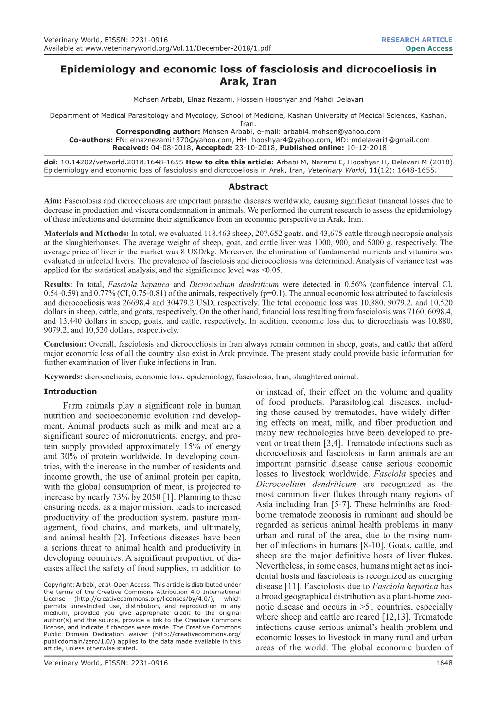 Epidemiology and Economic Loss of Fasciolosis and Dicrocoeliosis in Arak, Iran