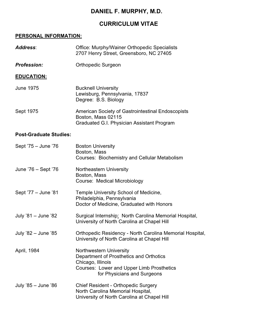 Daniel F. Murphy, M.D. Curriculum Vitae