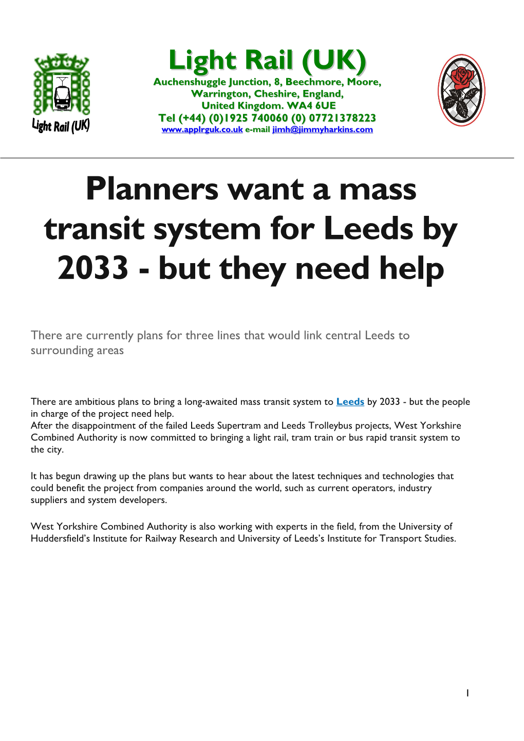 Planners Want a Mass Transit System for Leeds by 2033 - but They Need Help