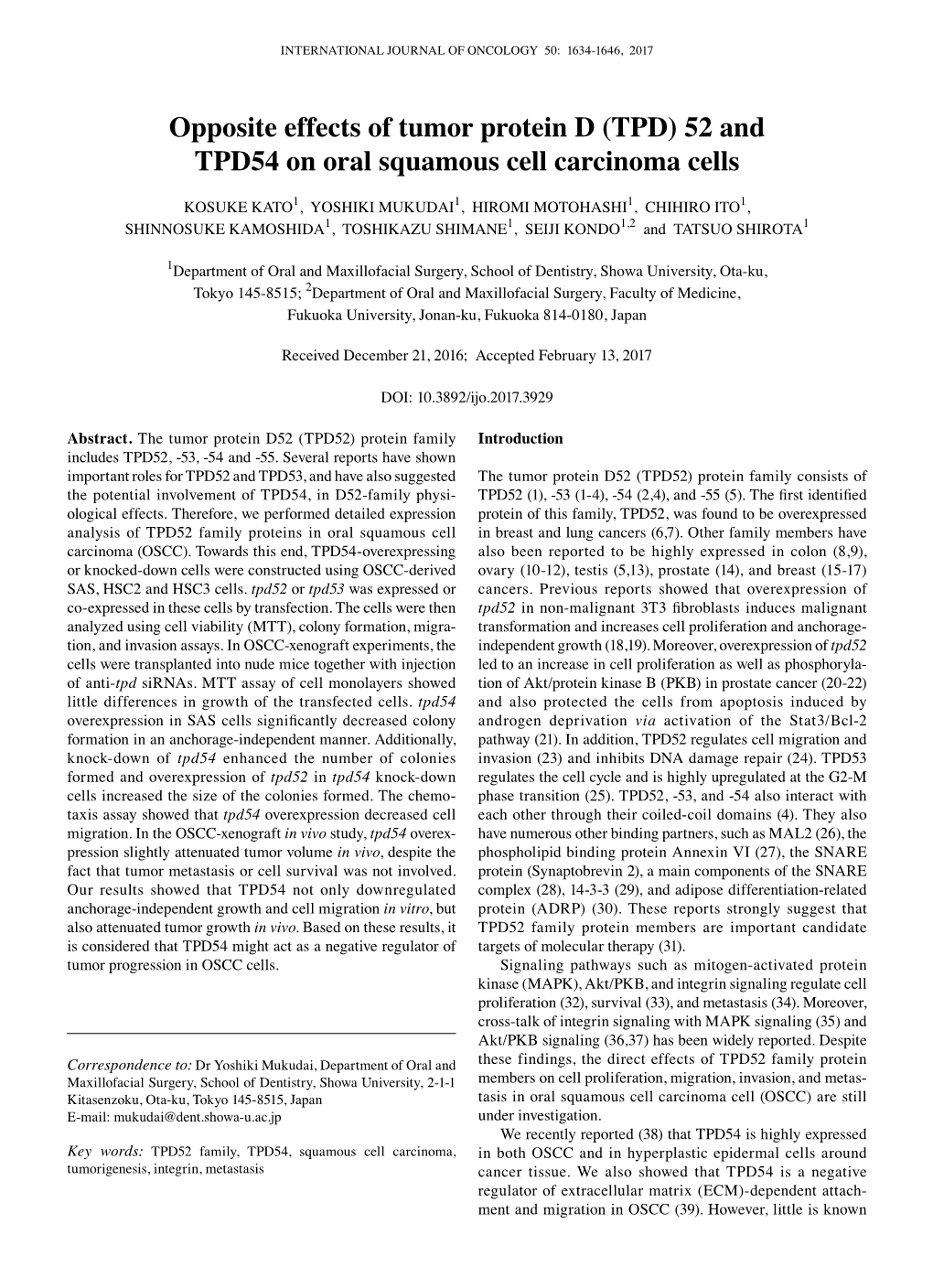 52 and TPD54 on Oral Squamous Cell Carcinoma Cells