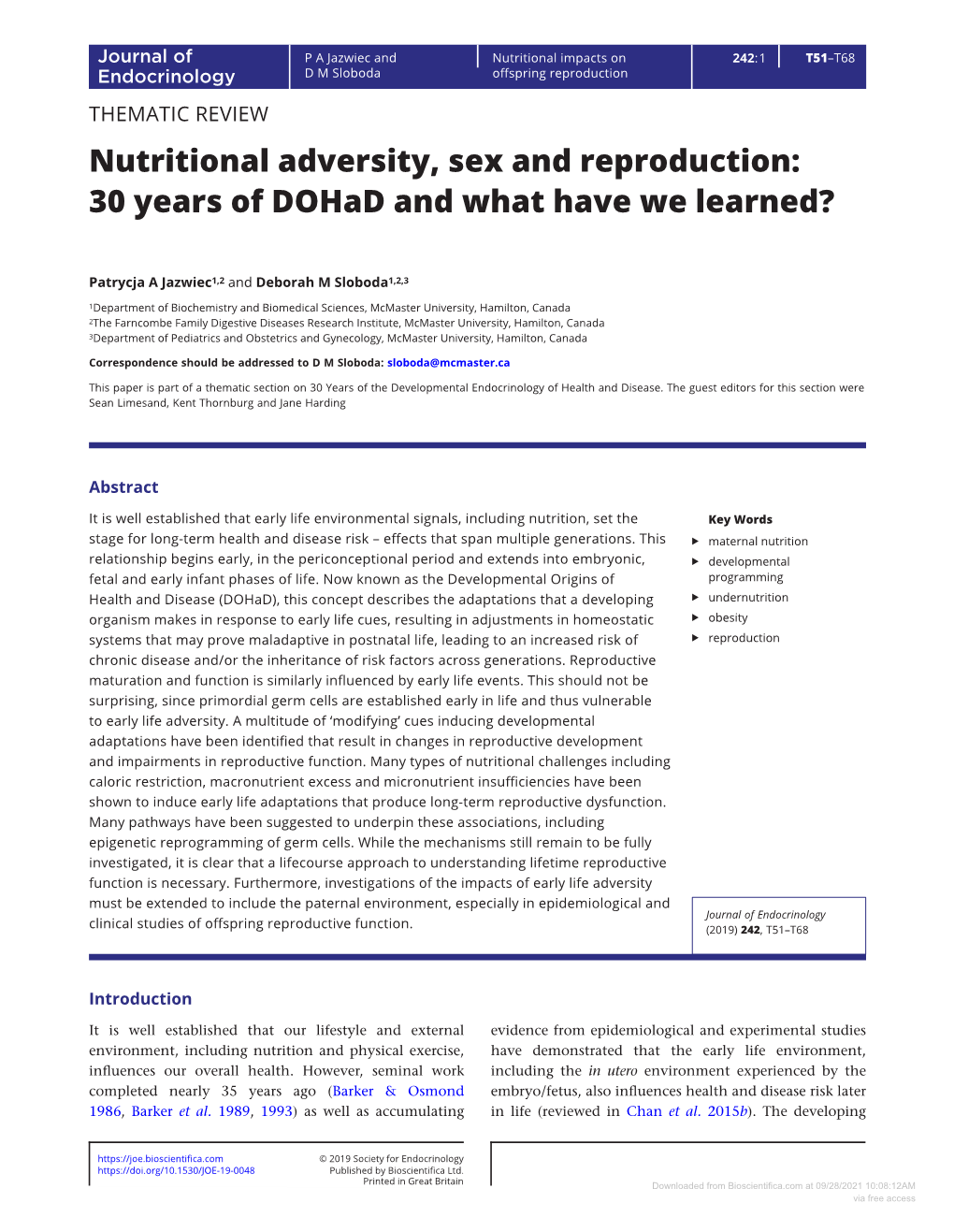 Nutritional Adversity, Sex and Reproduction: 30 Years of Dohad and What Have We Learned?