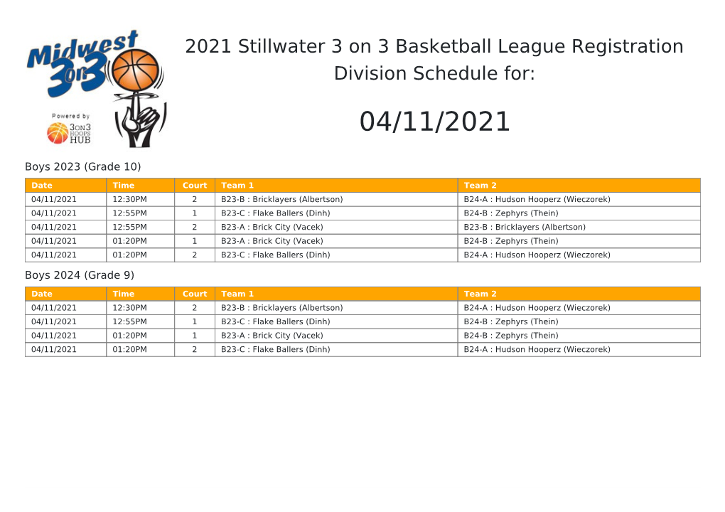 2021 Stillwater 3 on 3 Basketball League Registration Division Schedule For: 04/11/2021