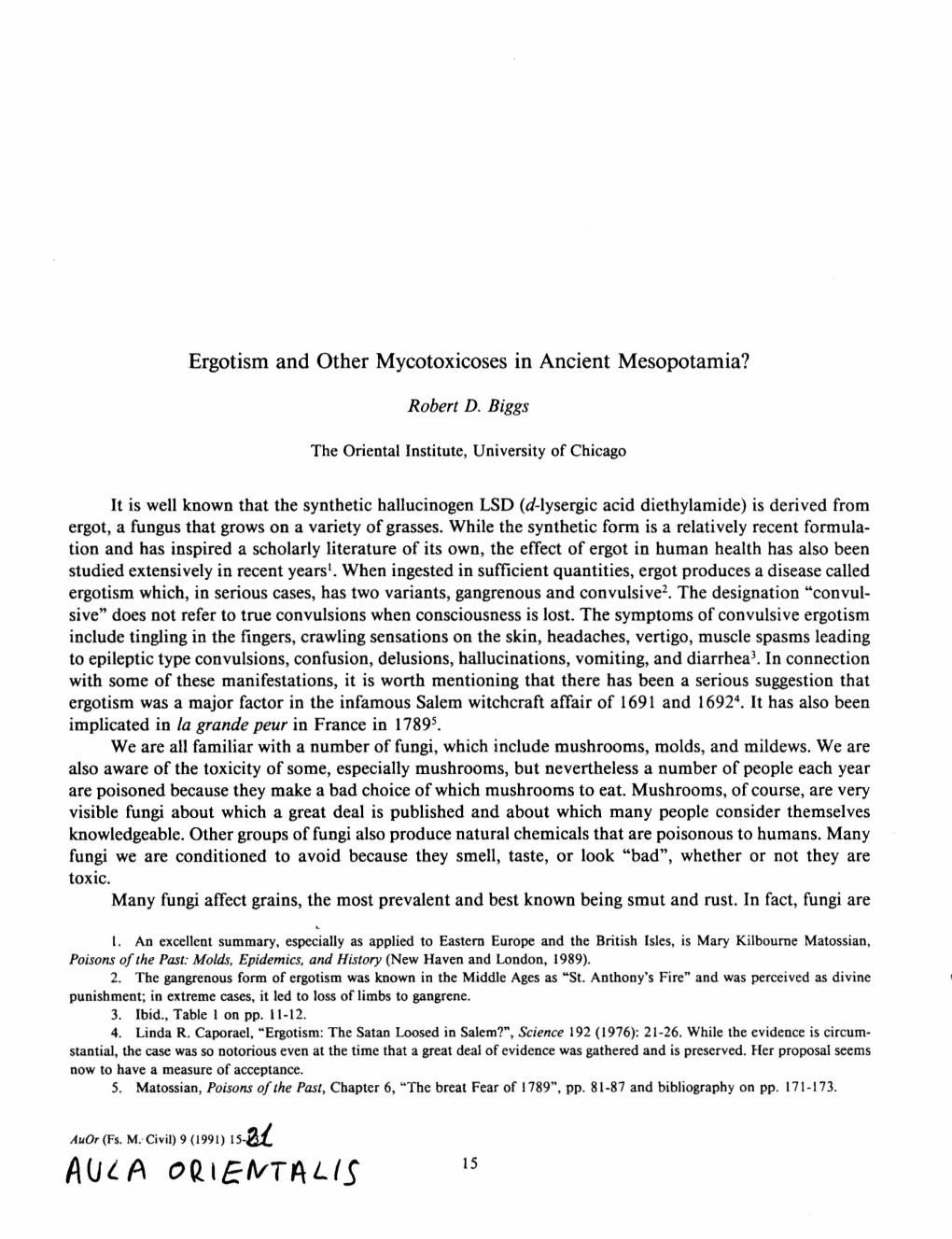 Ergotism and Other Mycotoxicoses in Ancient Mesopotamia?