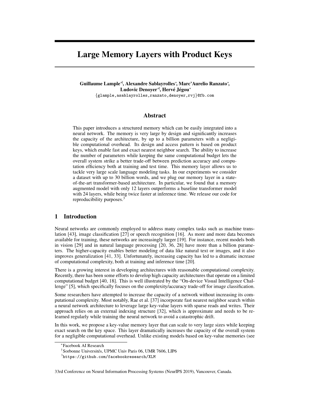 Large Memory Layers with Product Keys