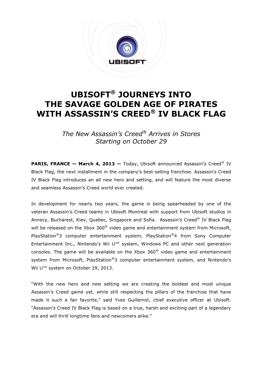 Ubisoft® Journeys Into the Savage Golden Age of Pirates with Assassin’S Creed® Iv Black Flag