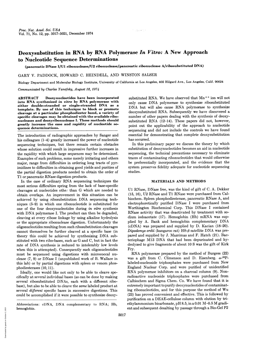 To Nucleotide Sequence Determinations (Pancreatic Dnase I/U1 Ribonuclease/U2 Ribonuclease/Pancreatic Ribonuclease A/Ribosubstituted DNA) GARY V