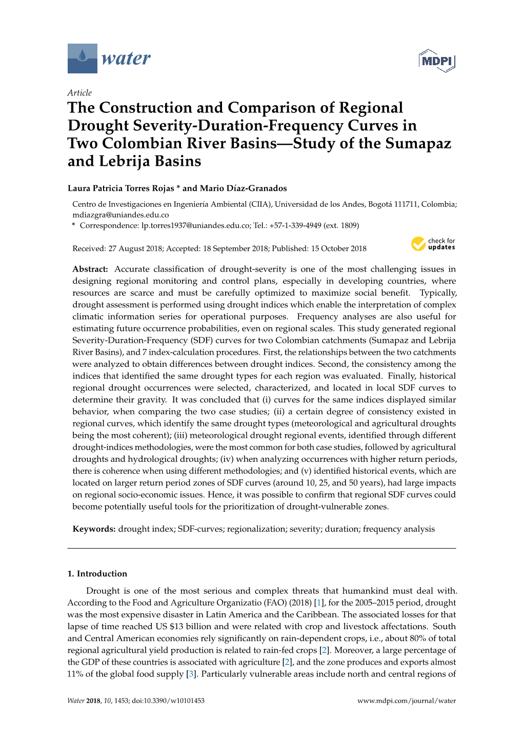 The Construction and Comparison of Regional Drought Severity-Duration-Frequency Curves in Two Colombian River Basins—Study of the Sumapaz and Lebrija Basins