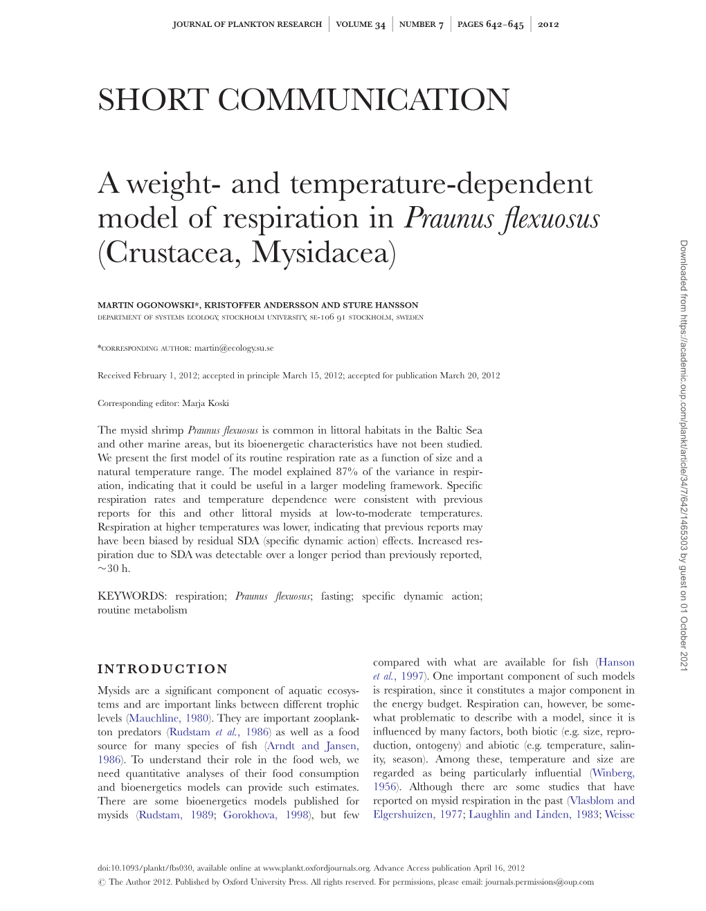 A Weight-And Temperature-Dependent Model of Respiration in Praunus