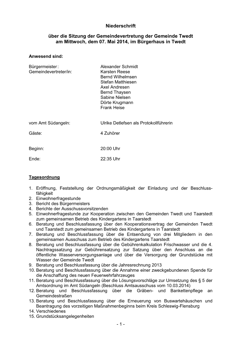 Niederschrift Gemeindevertretung Twedt 07.05.2014