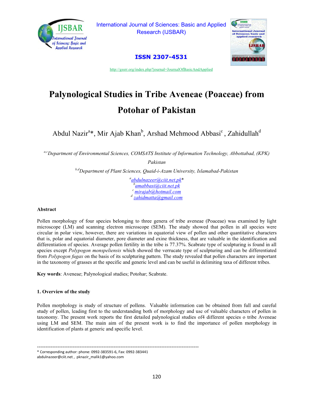 Palynological Studies in Tribe Aveneae (Poaceae) from Potohar of Pakistan