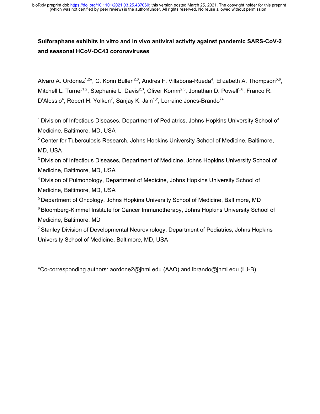 Sulforaphane Exhibits in Vitro and in Vivo Antiviral Activity Against Pandemic SARS-Cov-2 and Seasonal Hcov-OC43 Coronaviruses