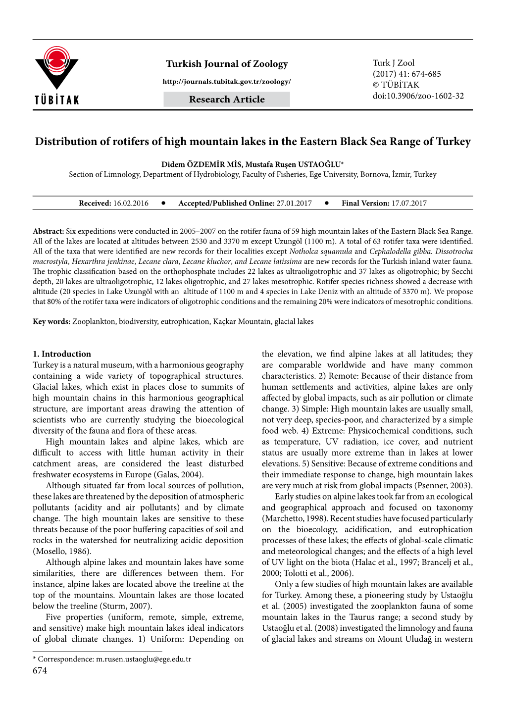 Distribution of Rotifers of High Mountain Lakes in the Eastern Black Sea Range of Turkey