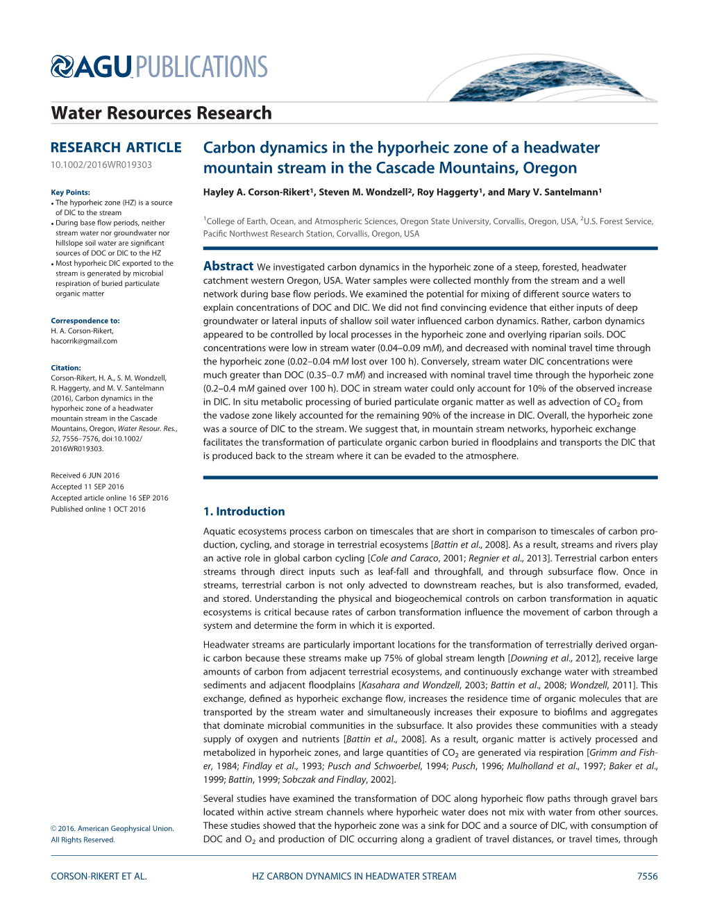 Carbon Dynamics in the Hyporheic Zone of a Headwater Mountain Stream in the Cascade Mountains, Oregon, Facilities Were Provided by the H.J