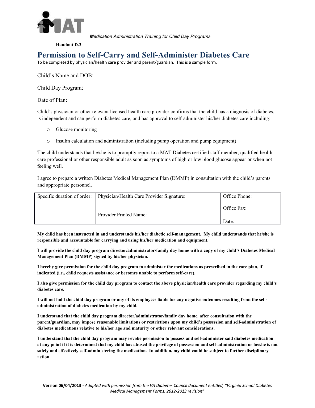 Permission to Self-Carry and Self-Administer Diabetes Care