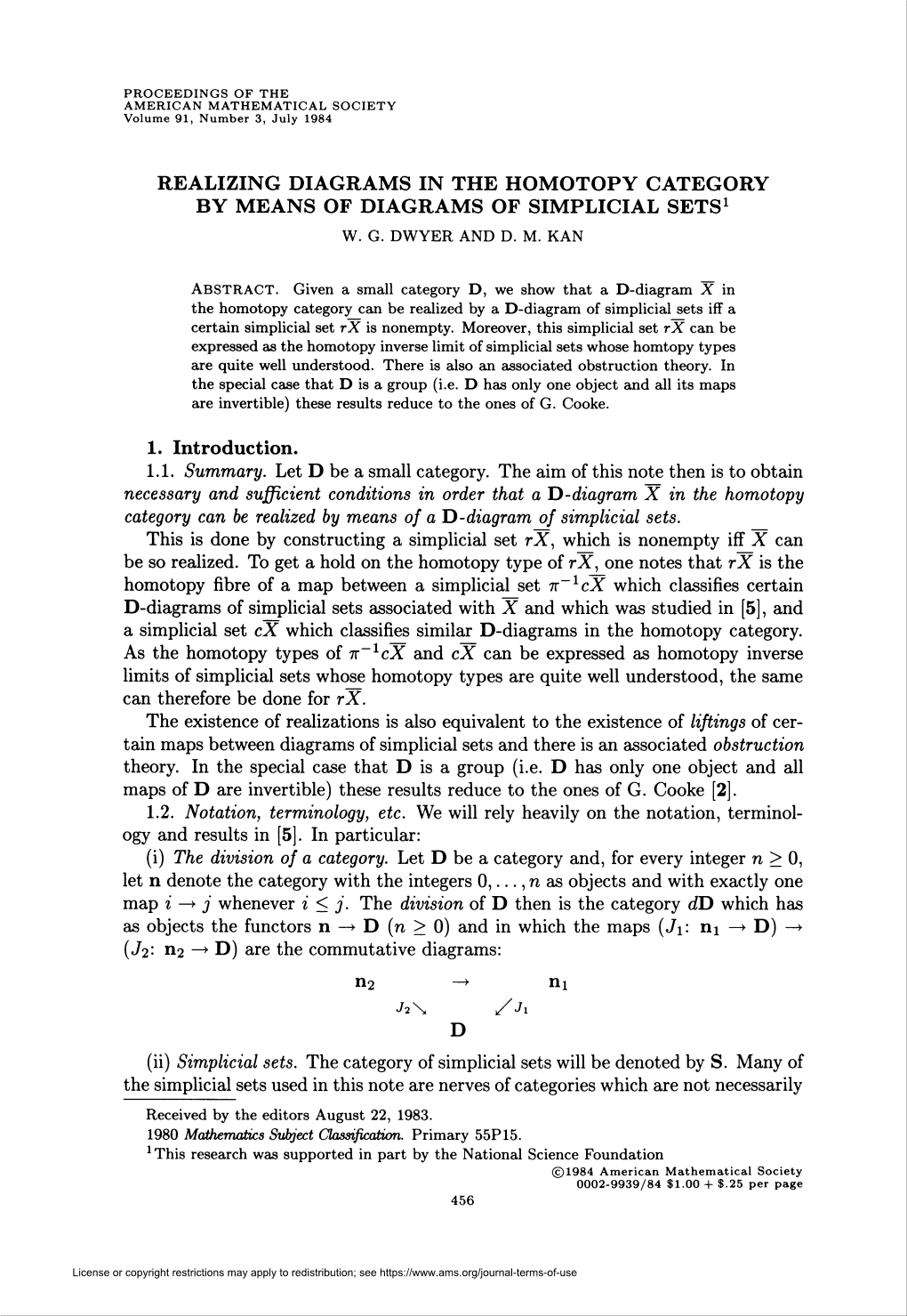 Realizing Diagrams in the Homotopy Category by Means of Diagrams of Simplicial Sets1 W