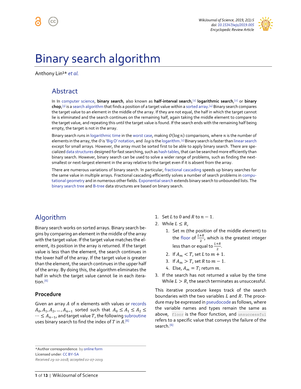 Binary Search Algorithm Anthony Lin¹* Et Al