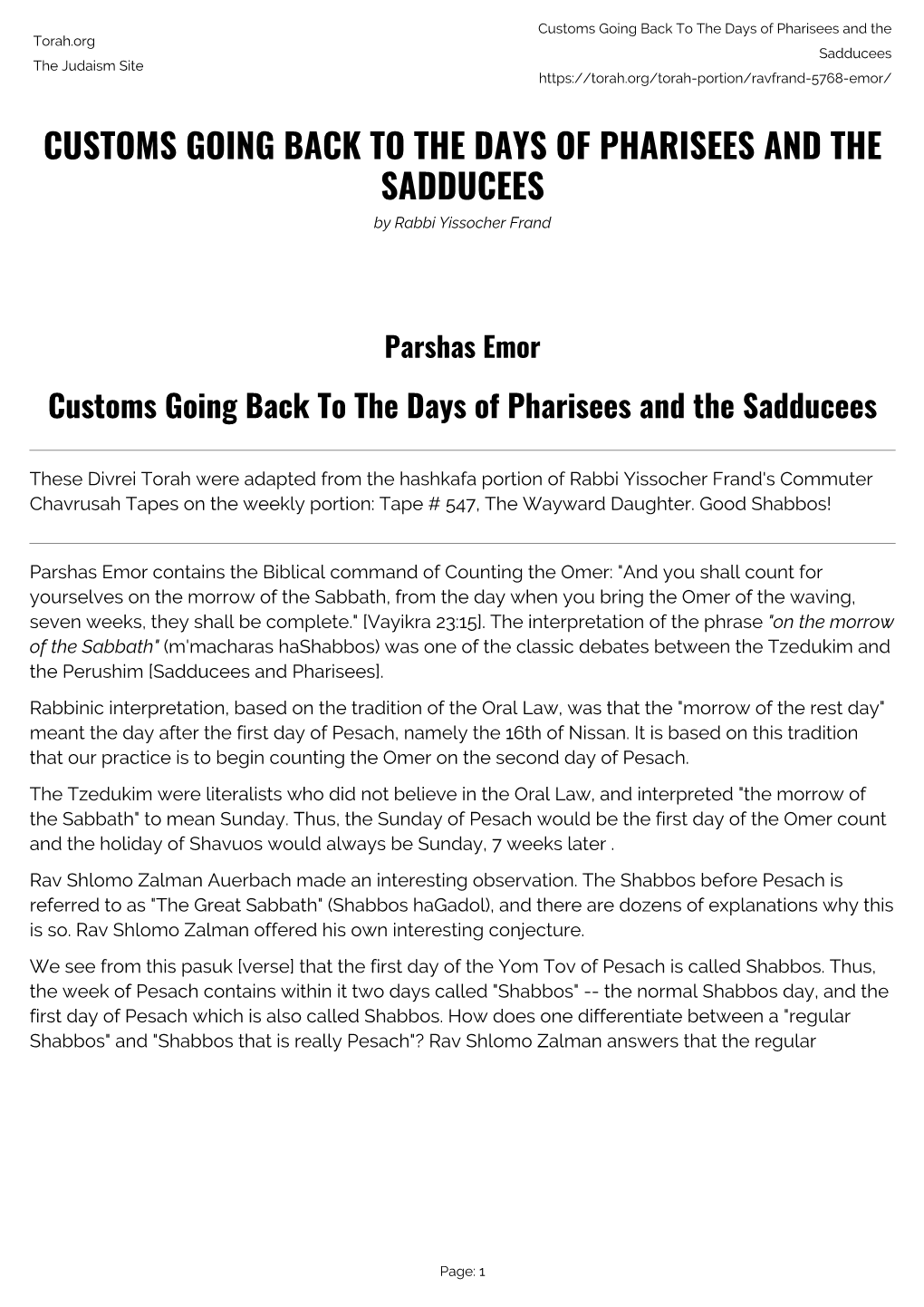 Customs Going Back to the Days of Pharisees and the Torah.Org Sadducees the Judaism Site