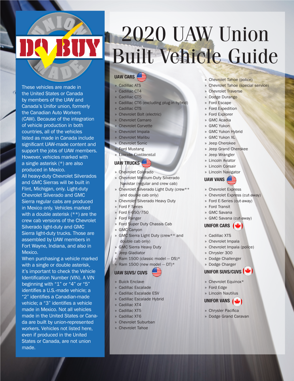 2020 UAW Union Built Vehicle Guide