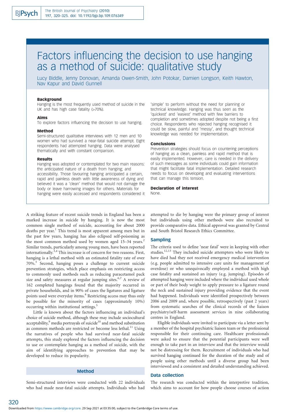 Factors Influencing the Decision to Use Hanging As a Method of Suicide