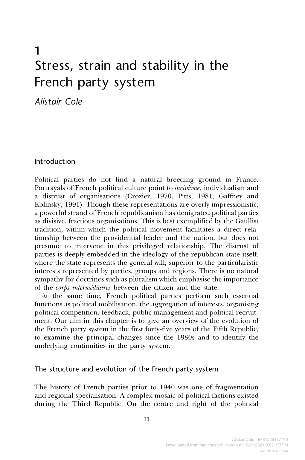 Stress, Strain and Stability in the French Party System Alistair Cole