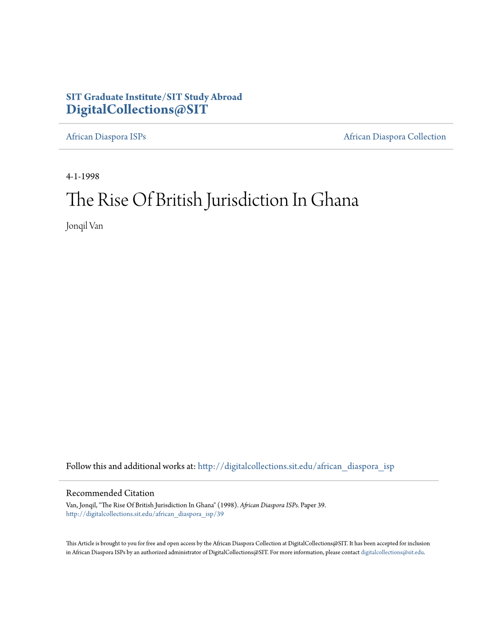 The Rise of British Jurisdiction in Ghana Jonqil Van