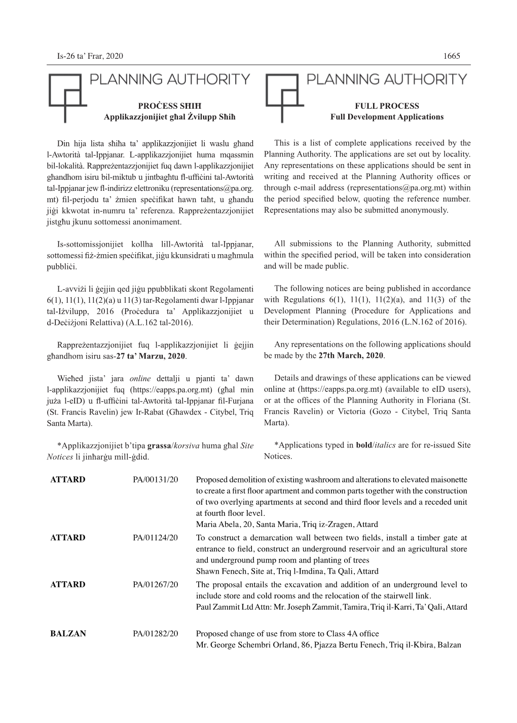 Is-26 Ta' Frar, 2020 1665 This Is a List of Complete Applications Received