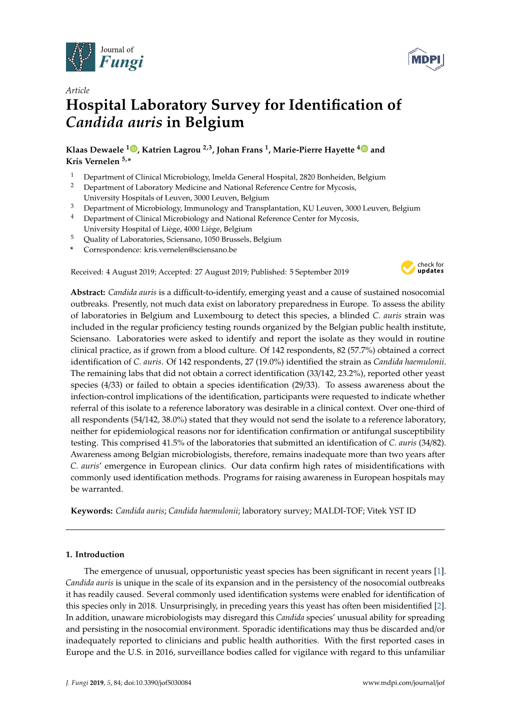 Hospital Laboratory Survey for Identification of Candida Auris In