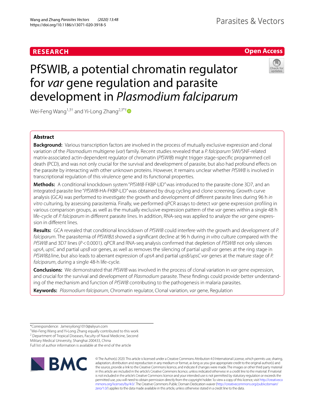 Pfswib, a Potential Chromatin Regulator for Var Gene Regulation and Parasite Development in Plasmodium Falciparum Wei‑Feng Wang1,3† and Yi‑Long Zhang2,3*†