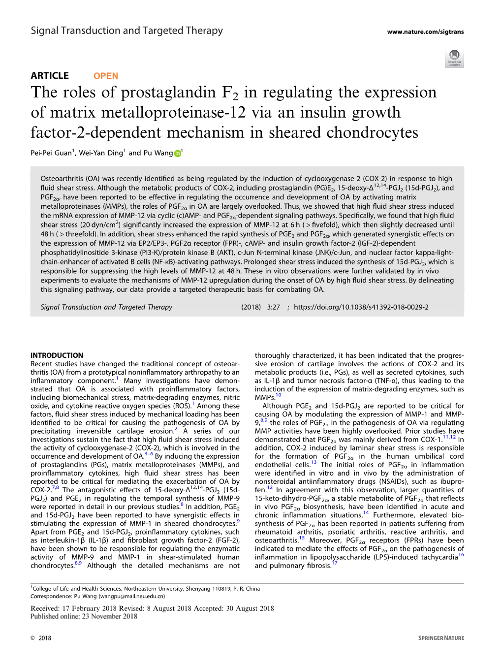 The Roles of Prostaglandin F2 in Regulating the Expression of Matrix Metalloproteinase-12 Via an Insulin Growth Factor-2-Dependent Mechanism in Sheared Chondrocytes