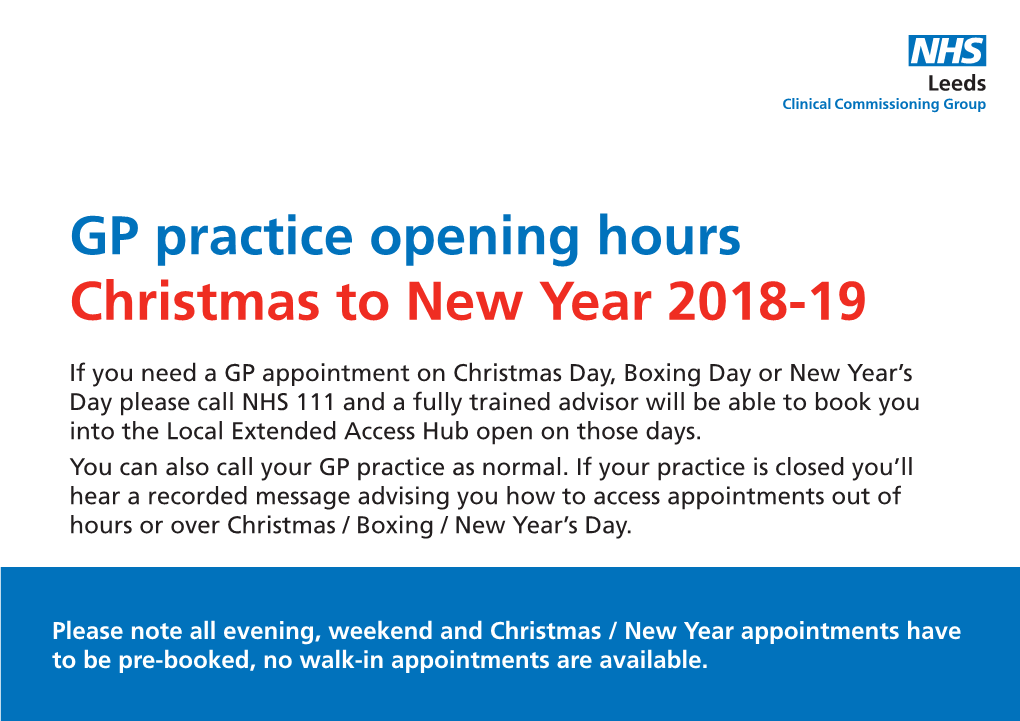 GP Practice Opening Hours Christmas to New Year 2018-19