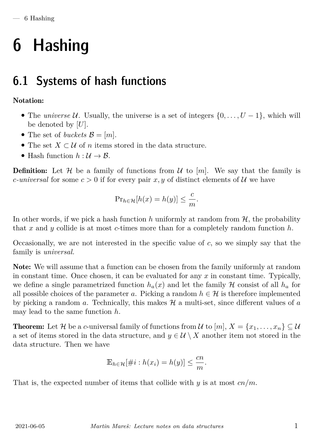 6.1 Systems of Hash Functions