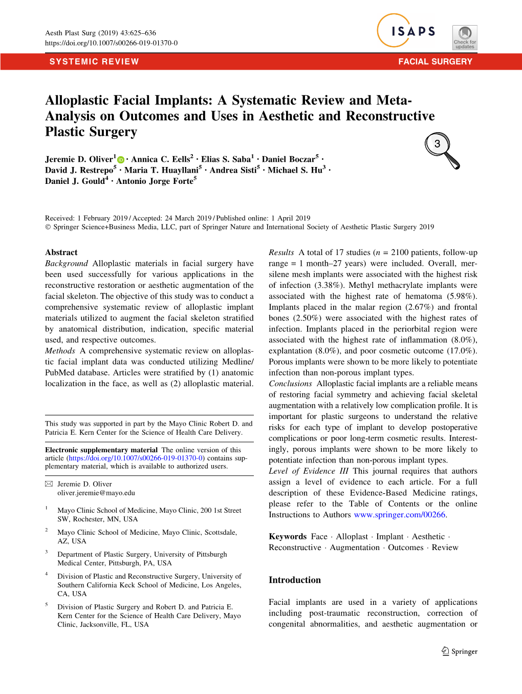 Alloplastic Facial Implants: a Systematic Review and Meta- Analysis on Outcomes and Uses in Aesthetic and Reconstructive Plastic Surgery