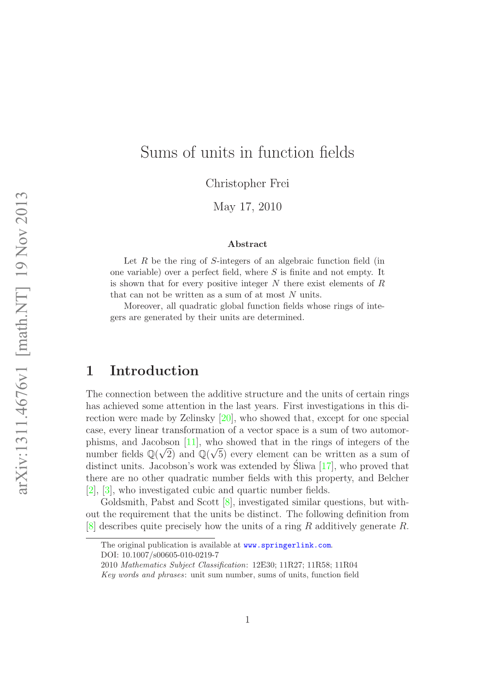 Arxiv:1311.4676V1 [Math.NT] 19 Nov 2013 Sums of Units in Function Fields