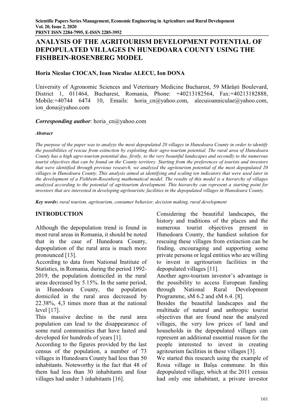 Analysis of the Agritourism Development Potential of Depopulated Villages in Hunedoara County Using the Fishbein-Rosenberg Model